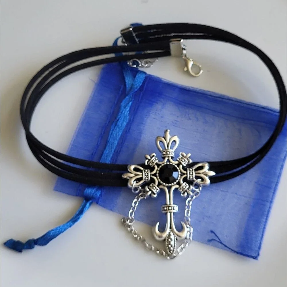 Gothic Silver Cross Choker – Black Multi-Strap with Black Crystal & Chain